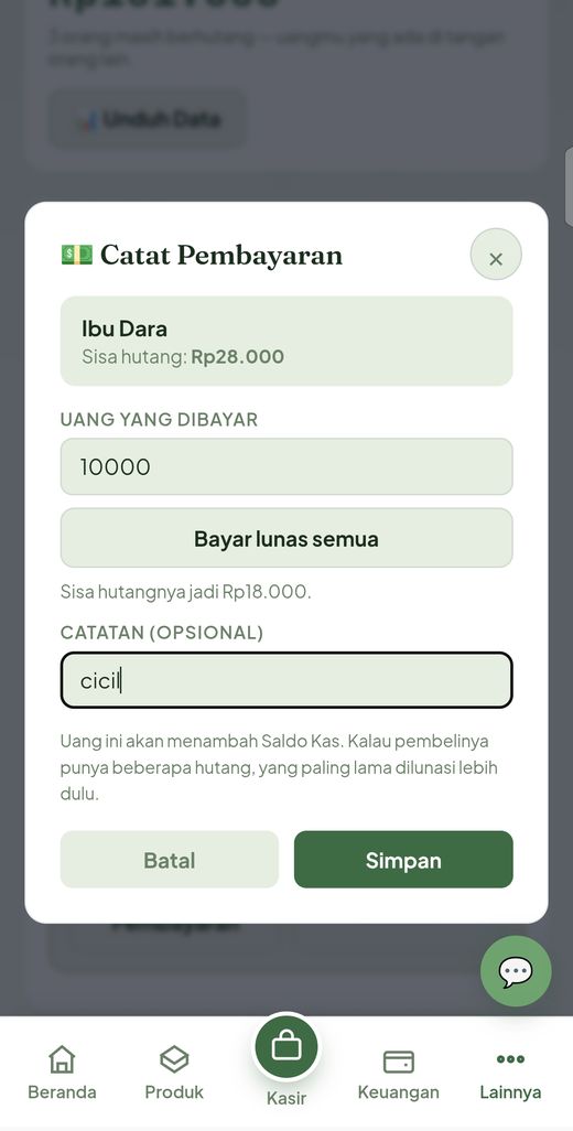 Layar mencatat pembayaran hutang pelanggan