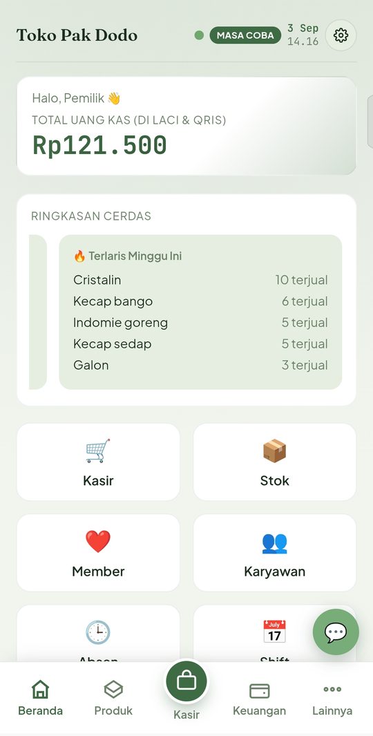 Layar beranda Bukatokoku menampilkan total uang kas dan daftar barang terlaris