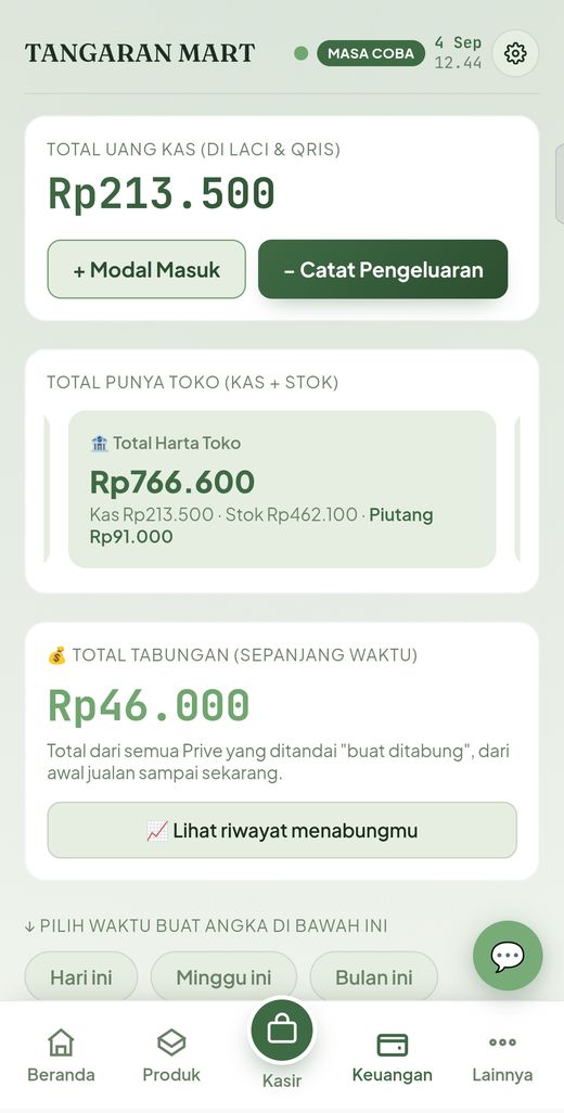Total harta toko berisi rincian kas, stok, dan piutang