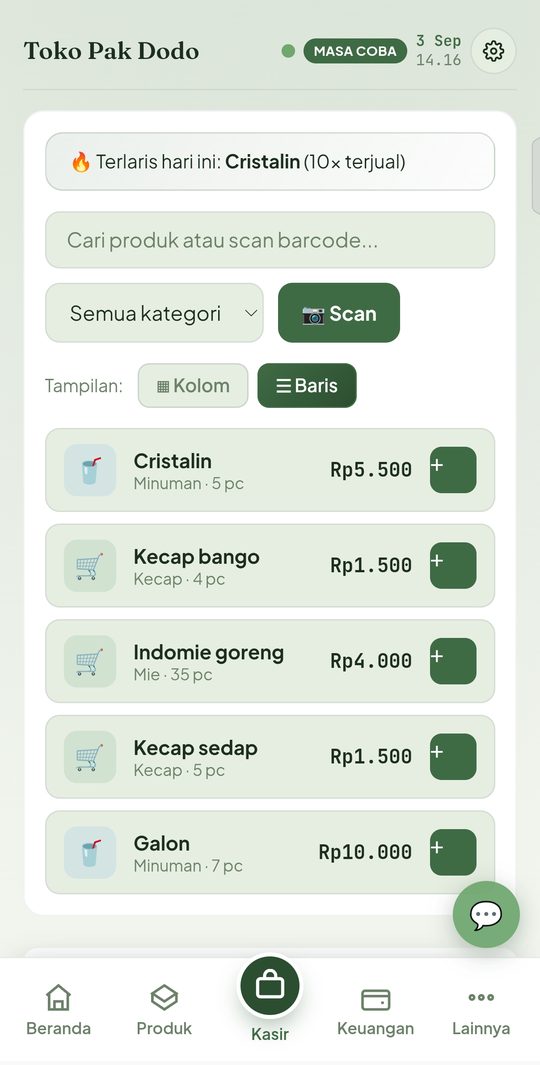 Layar kasir Bukatokoku dengan daftar produk dan tombol tambah