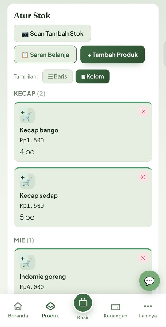 Layar atur stok Bukatokoku menampilkan produk beserta harga dan jumlahnya